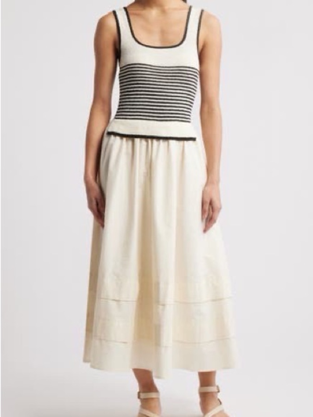 Moon River Cream Midi Dress with Black Trim